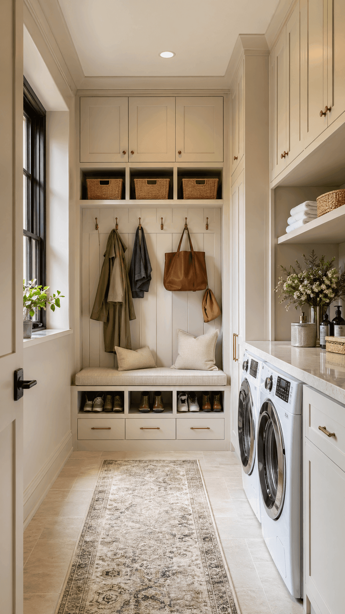 Custom mudroom with built-in bench and cubbies by Cumming Closets