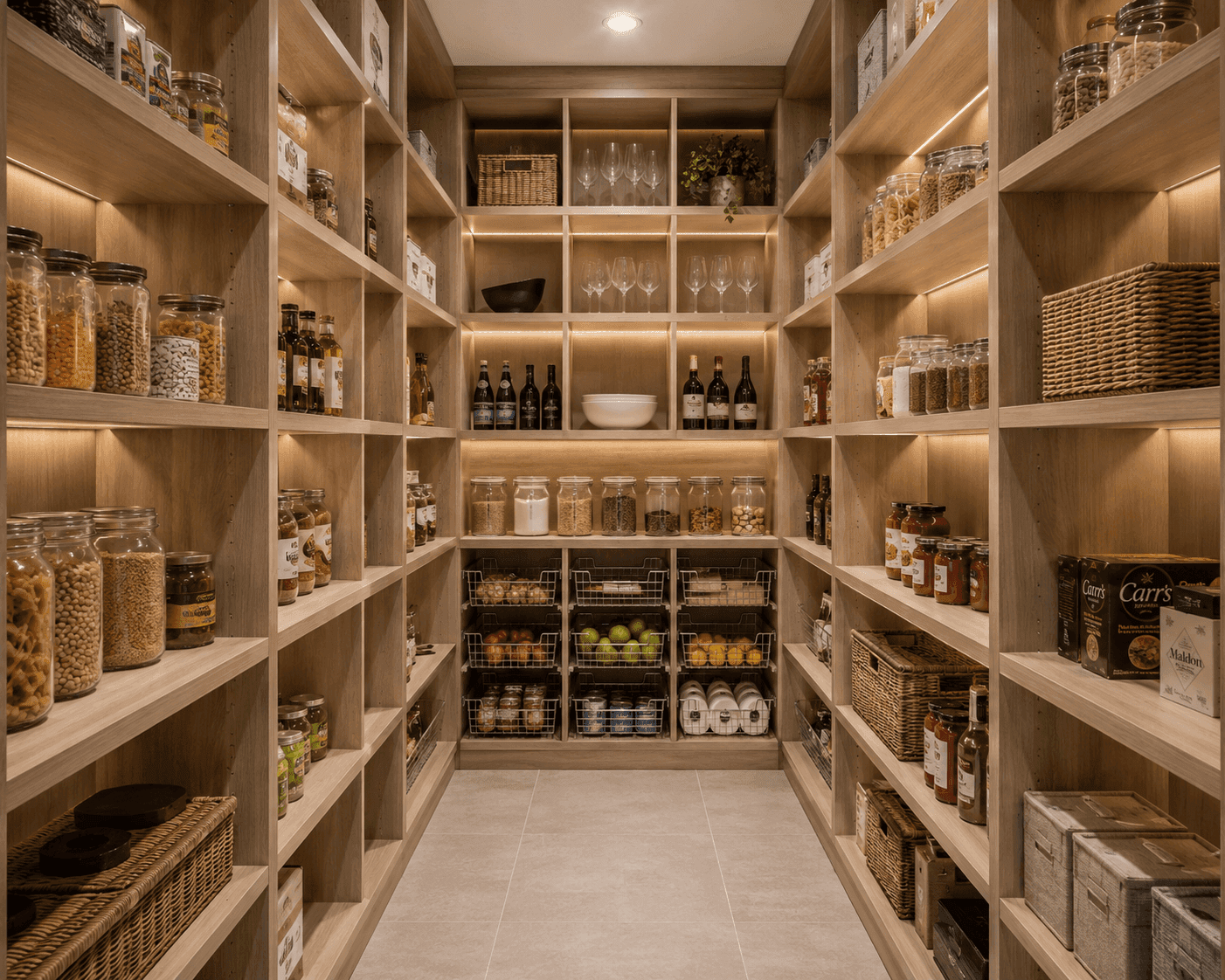 Custom pantry with built-in shelving by Cumming Closets