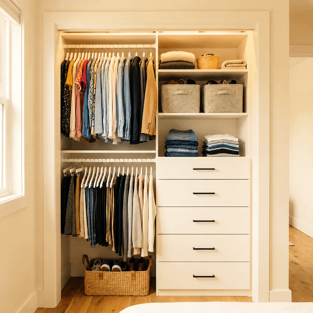 Reach-in closet with built-in organizers by Cumming Closets
